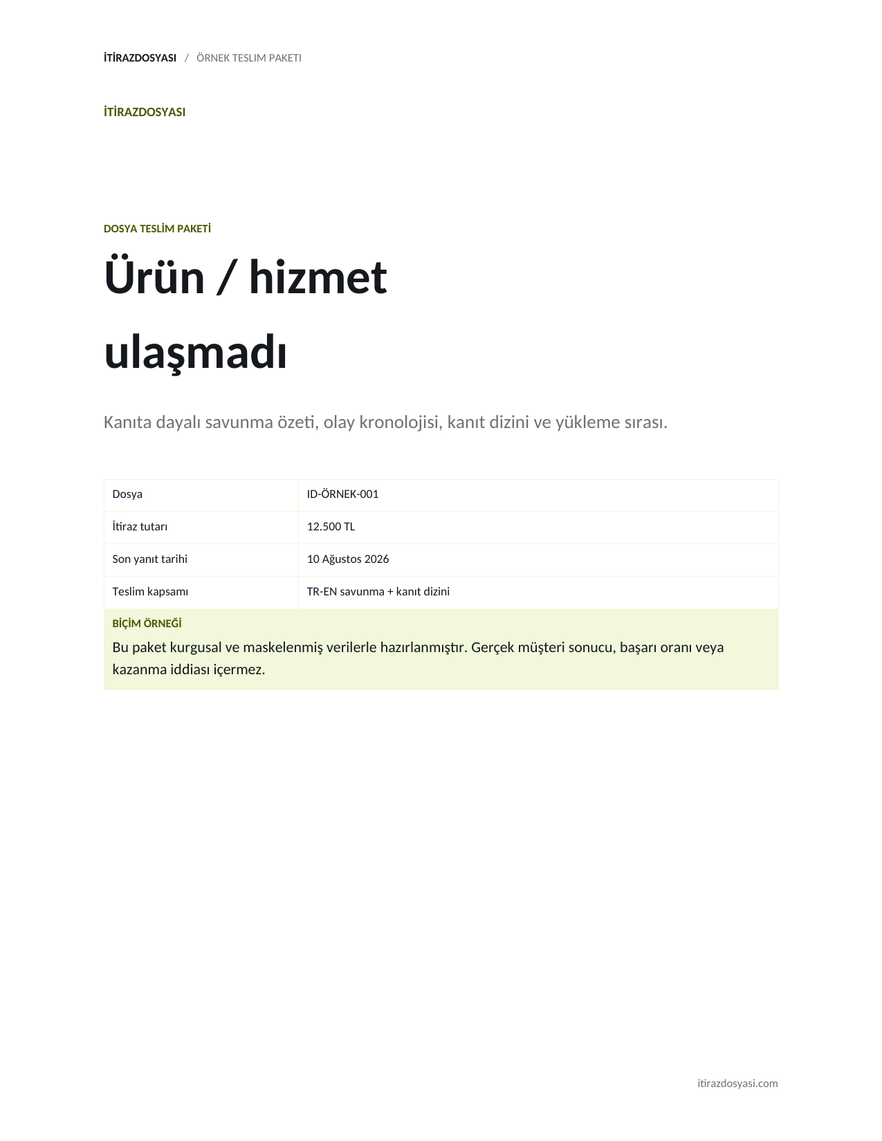 Kurgusal verilerle hazırlanmış örnek chargeback teslim paketinin ilk sayfası